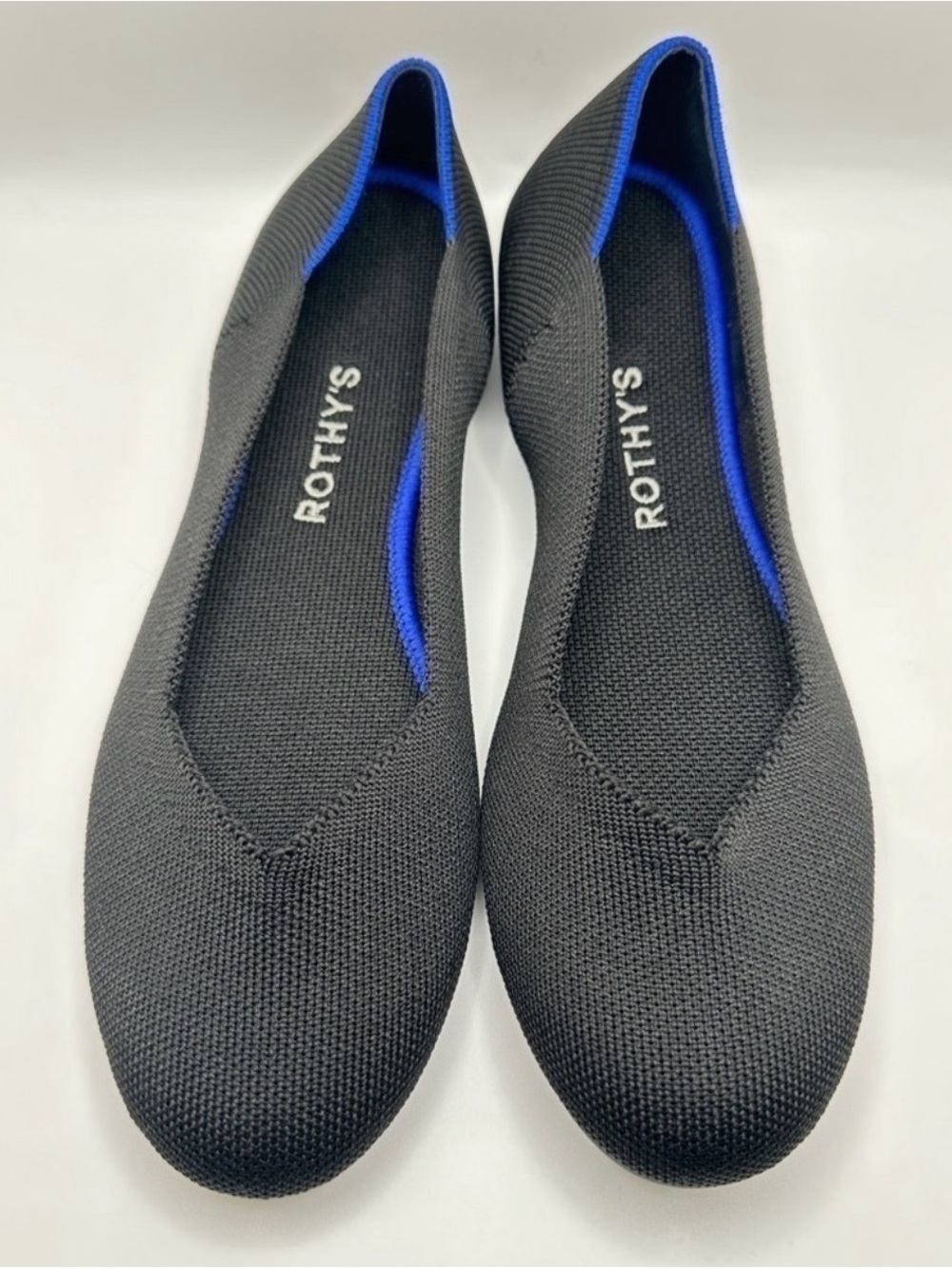 Rothy's Sz 8.5 Women’s Shoes Black Knit Flats with Blue Trim Ballet